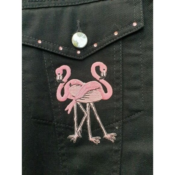 Las Olas Women M Black Denim Jean Jacket Pink Flamingo Rhinestone - Picture 8 of 9